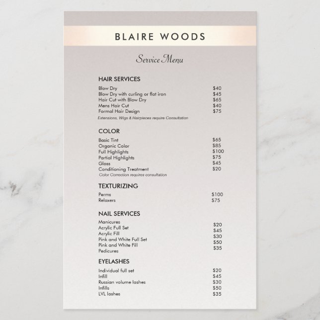 Menü "Modern Gold Strip Hair Salon Price List" (Vorne)