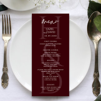 Menu Modern Minimalist Burgundy Monogram Wedding