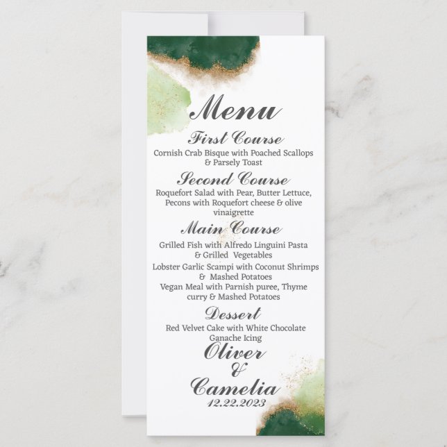 Menu moderne Agate Green & Gold Mariage (Devant)