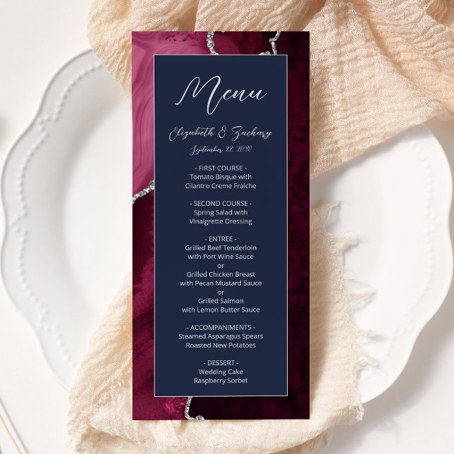 Menu Moderne Burgundy Argent Agate Marine Mariage bleu (Créateur téléchargé)