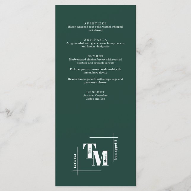 Menu Moderne Chic Emerald Green Boho Mariage Merci (Devant)