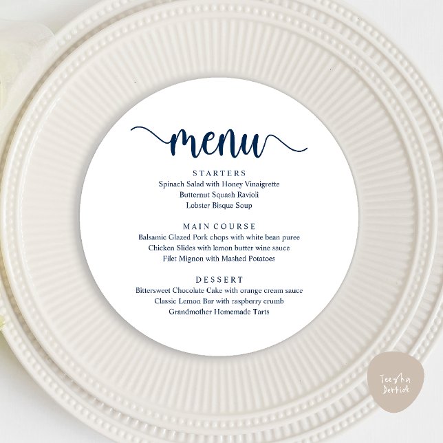 Menu Moderne écriture rustique, dîner de mariage en fui (Modern Rustic, Wedding Elopement Round Dinner Menu Card in Navy Blue)