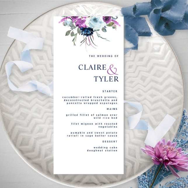Menu Moderne Elegant chic violet et Mariage floral bleu (Créateur téléchargé)