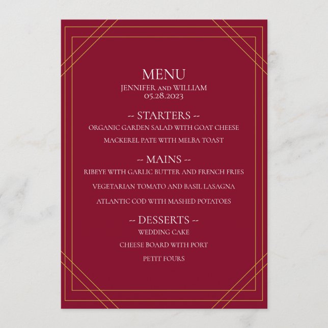Menu Moderne minimaliste Mariage Bourgogne et lignes d' (Devant)