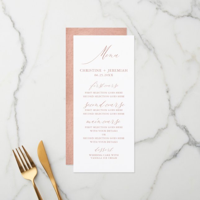 Menu Moderne Rose Gold Calligraphie Mariage métallique  (Devant/Arrière en situation)
