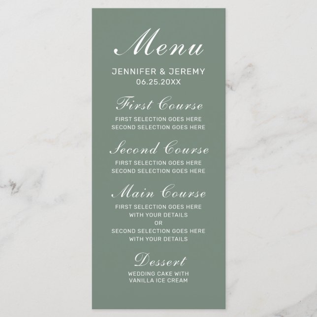 Menu Moderne Sage Green Élégant Mariage de script blanc (Devant)
