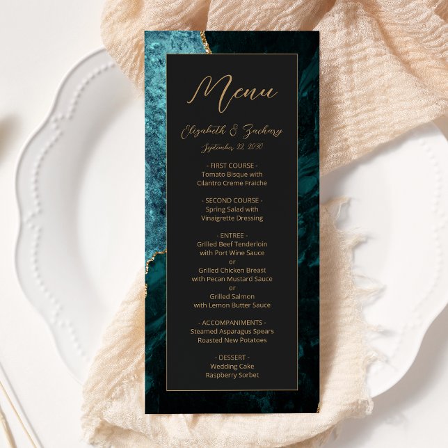 Menu Moderne Turquoise Bleu Or Agate Mariage foncé (Créateur téléchargé)