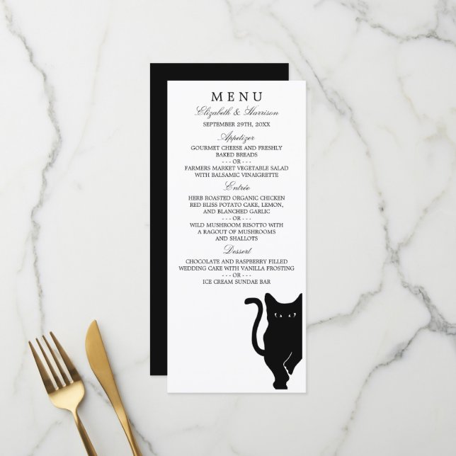 Menu moderne Whimsical Black Cat Mariage (Devant/Arrière en situation)
