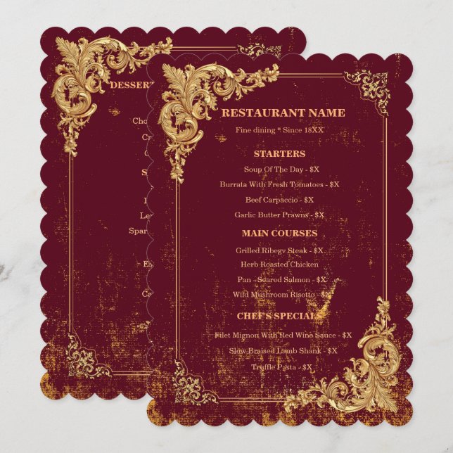Menu modifiable Bordeaux doré avec code QR (Devant / Derrière)