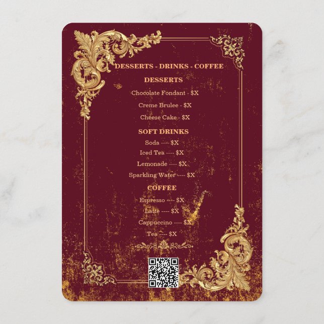 Menu modifiable Bordeaux or avec code QR (Dos)