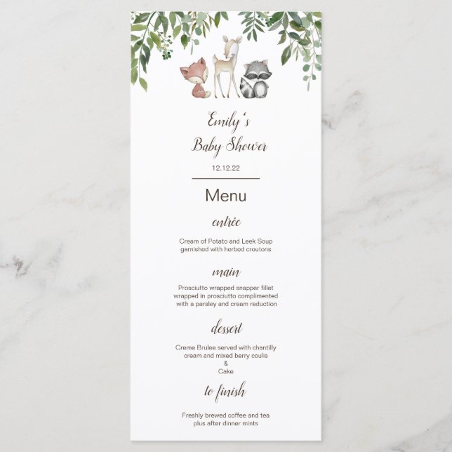 Menu modifiable, Menu Baby shower Woodland (Devant)