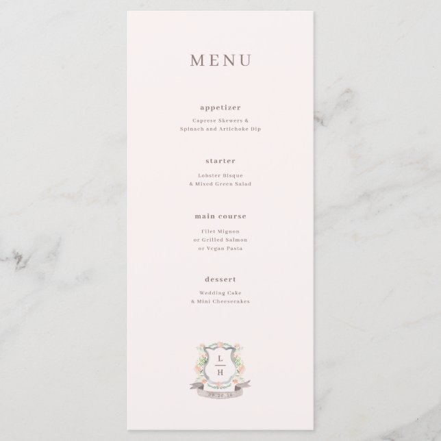 Menu Monogramme Aquarelle Floral Crest Mariage (Devant)