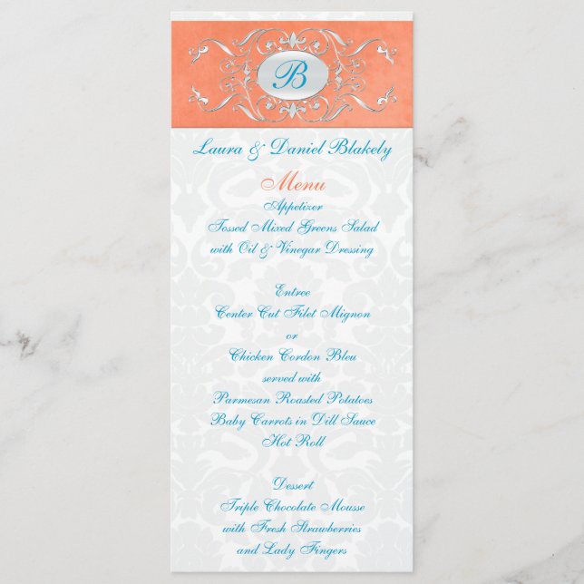 Menu Monogrammé Coral, Aqua et Grey Damask (Devant)