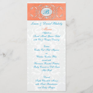 Menu Monogrammé Coral, Aqua et Grey Damask