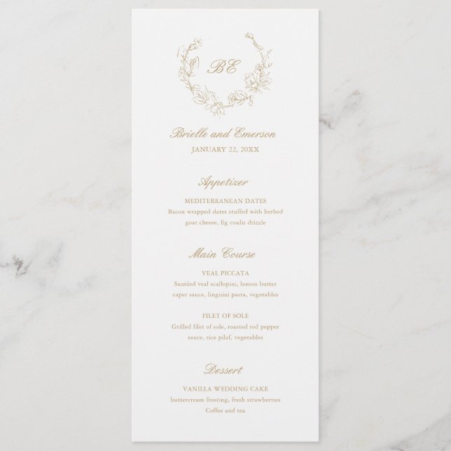 Menu Monogramme de couronne d'or Mariage élégant (Devant)