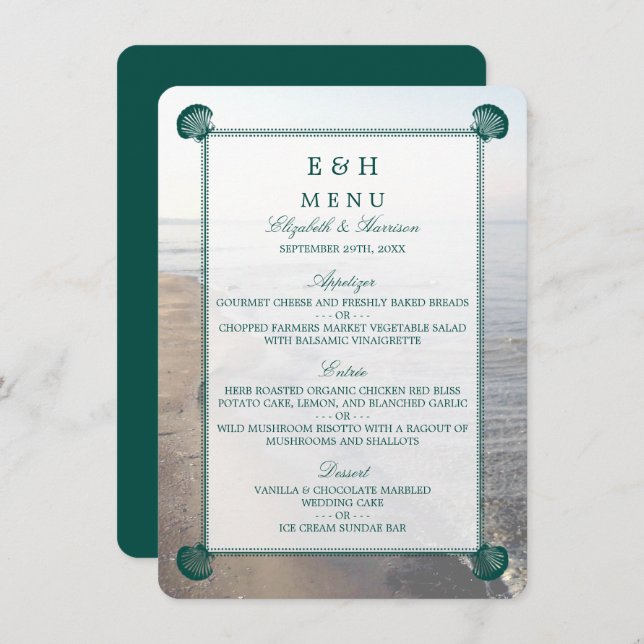 Menu Monogramme élégant et mariage Turquoise sur la pla (Devant / Derrière)