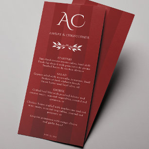 Menu Monogramme minimaliste Mariage rouge en bois de ro
