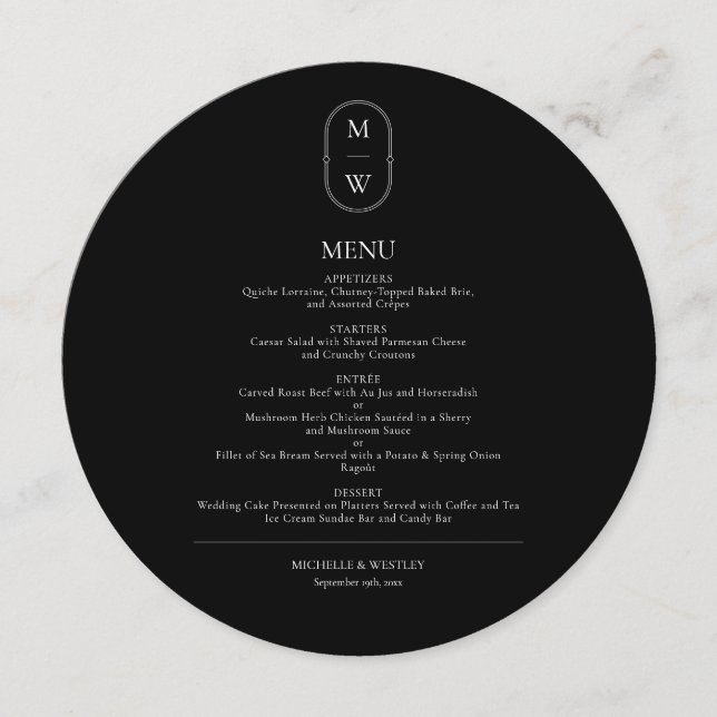 Menu Monogramme minimum Mariage noir et blanc (Devant)
