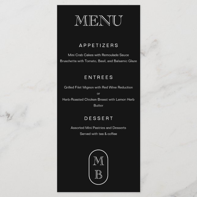Menu monogramme noir et blanc Personnaliser le Mariage (Devant)