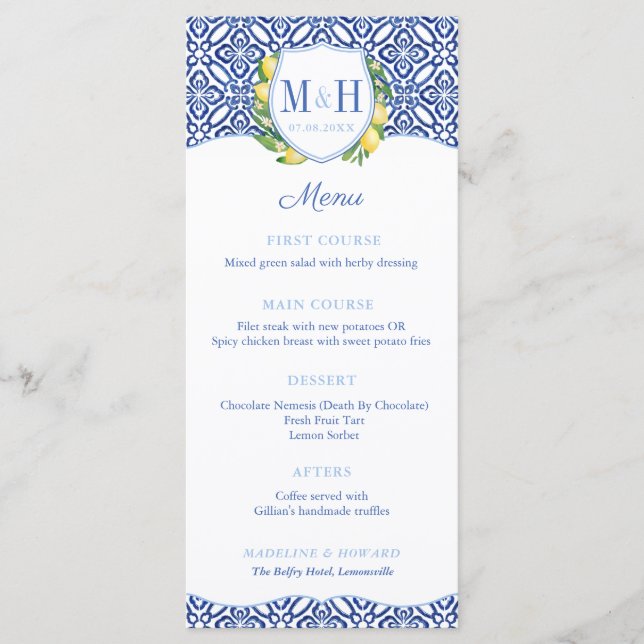 Menu Monogrammes Lemons Carreaux bleus Wedding shower (Devant)