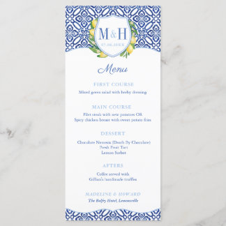 Menu Monogrammes Lemons Carreaux bleus Wedding shower