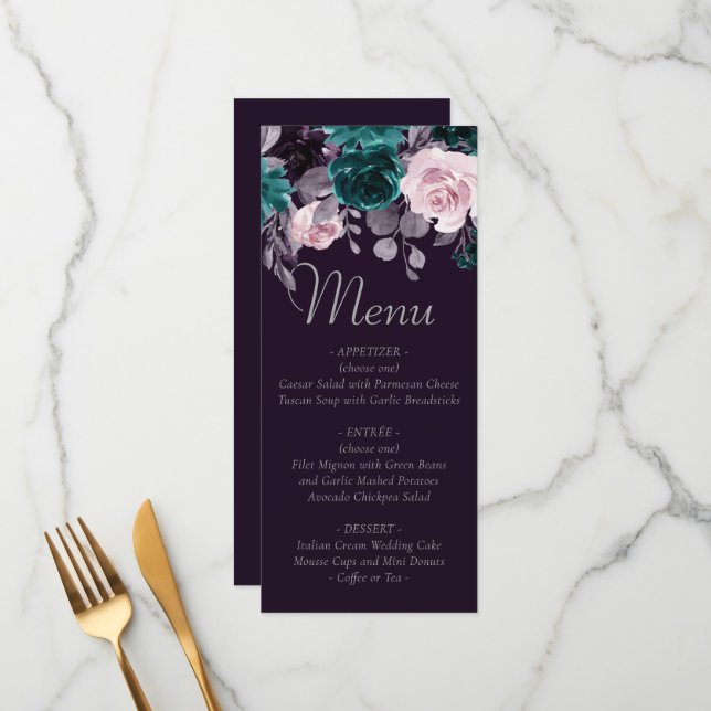 Menu Moody Boho | Grotte foncée pourpre et Turquoise (Devant/Arrière en situation)