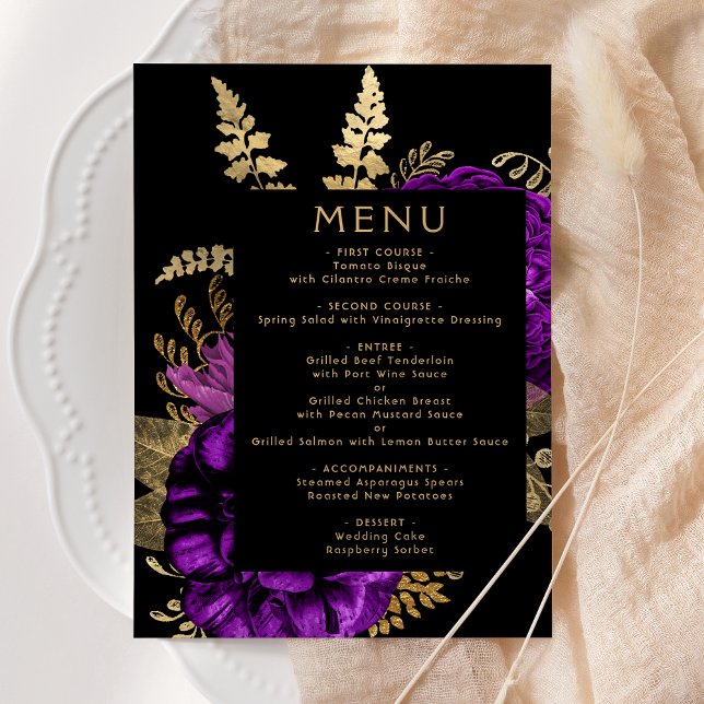 Menu Moody Dark Floral Purple Gold Wedding (Créateur téléchargé)