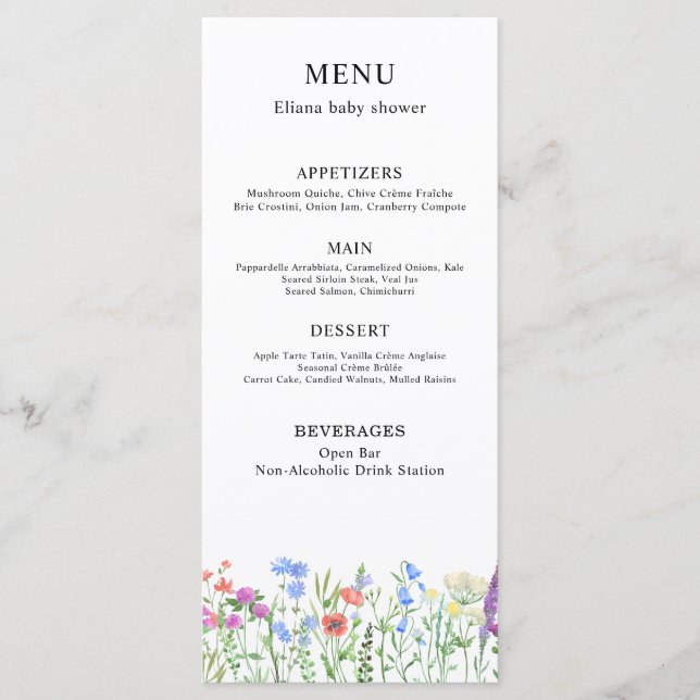 Menu Multihued Wildflower Baby Shower Celebration (Devant)