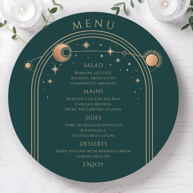 Menu Myssel Green Gold Sun Moon Stars Space Mariage (Créateur téléchargé)