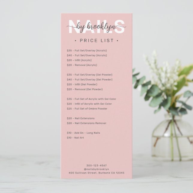 Menü "Nail Salon Price List Services" Einladung (Stehend Vorderseite)