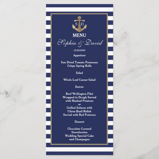 Menü "Nautic Navy Blue Stripes Gold Ankermenü" Menükarte (Vorderseite)