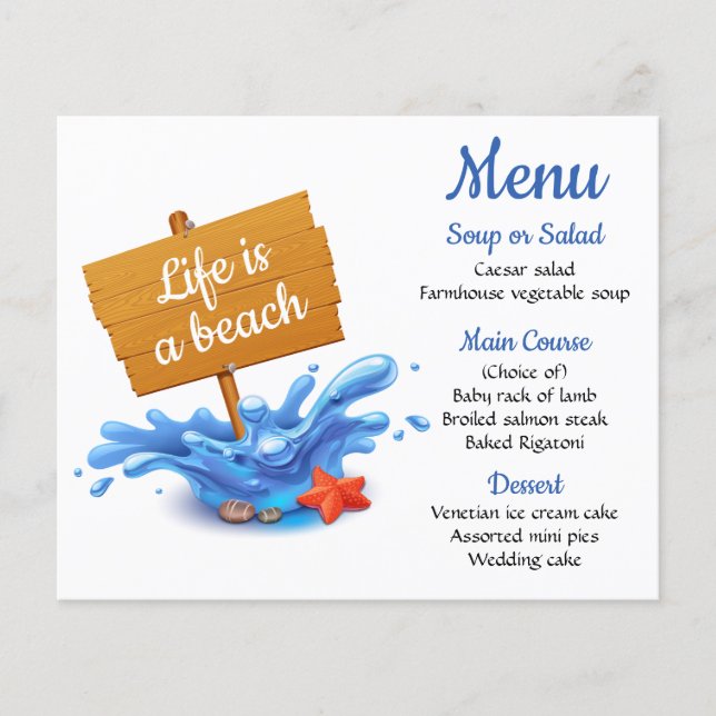 Menu nautique Blue Beach Ocean Wedding Party (Devant)