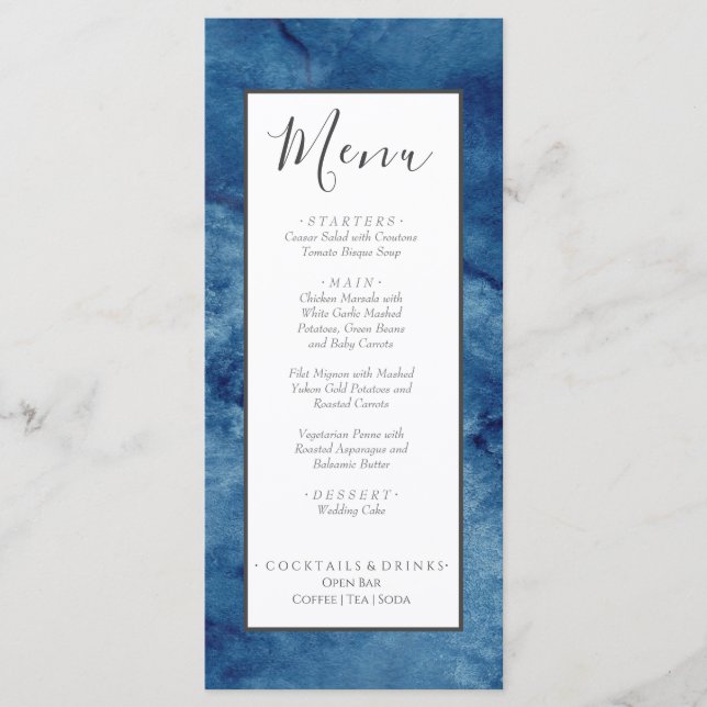 Menu Nautique Mariage Beach Aquarelle Marine Bleu (Devant)