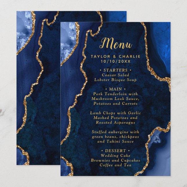 Menu Navy Blue and Gold Agate Marble Wedding (Devant / Derrière)