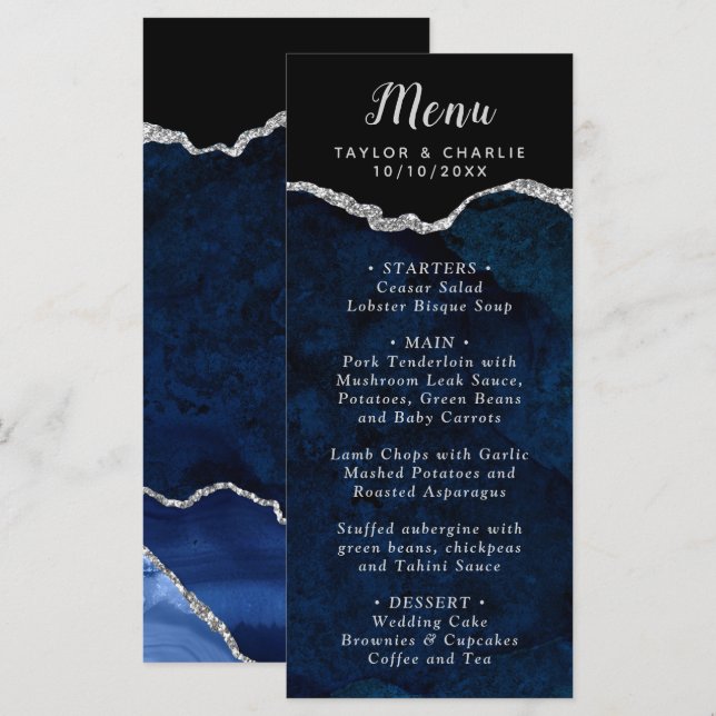 Menu Navy Blue and Silver Agate Marble Wedding (Devant / Derrière)