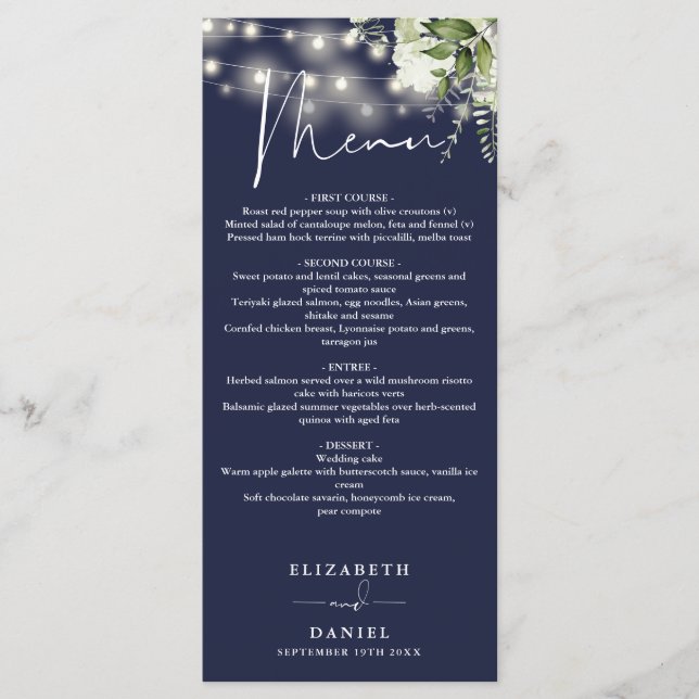 Menu Navy Blue Floral String Lights Wedding Dinner (Devant)