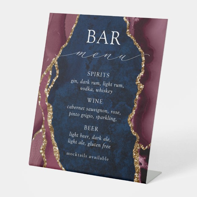 Menü "Navy, Burgundy and Gold Agate Bar" Sockelschild (Vorderseite)