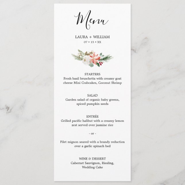 Menu Noces de Noël de dîner de baies de houx et florale (Devant)