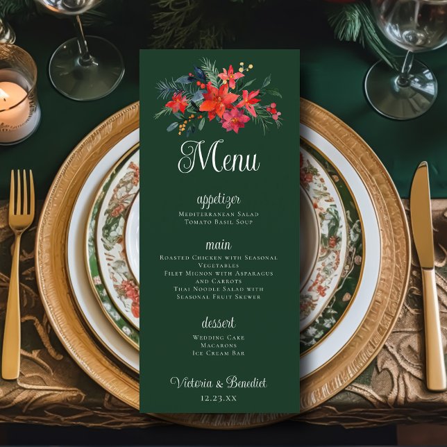 Menu Noël Poinsettia Floral Vert Mariage Dîner (Créateur téléchargé)