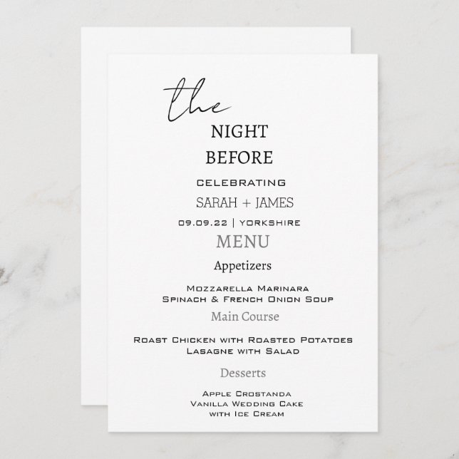 Menu Noir & Blanc moderne La nuit avant le Mariage (Devant / Derrière)