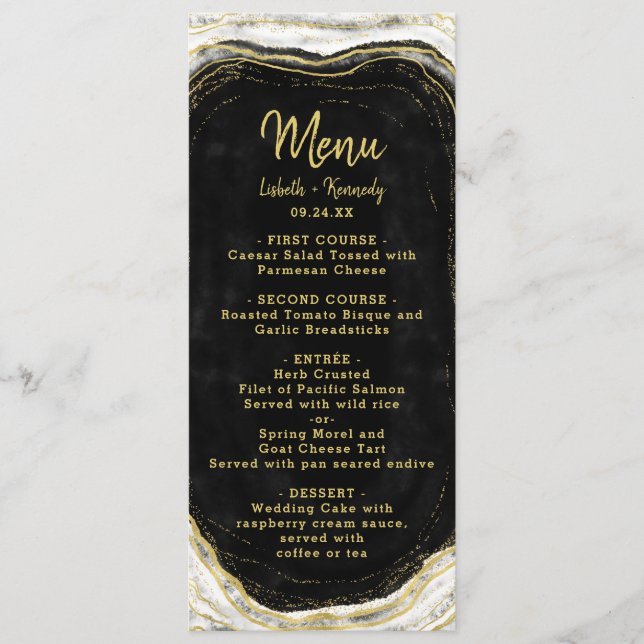Menu Noir Blanc & Or Géode Agate Marbre Slice Dîner (Devant)
