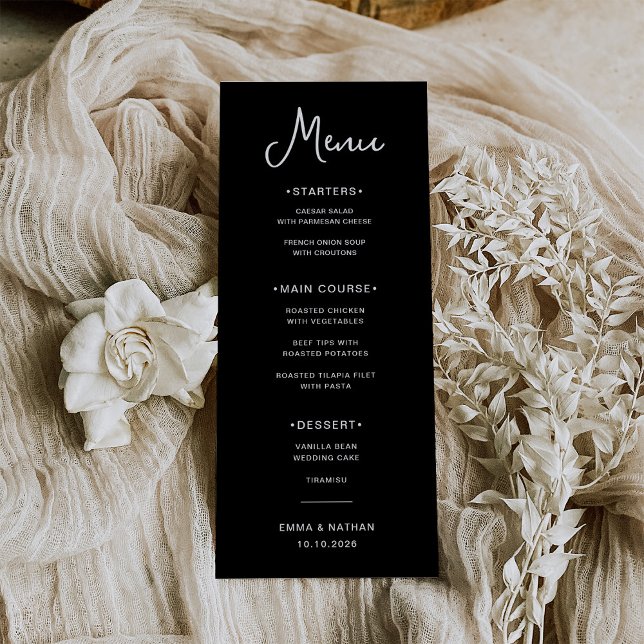 Menu Noir doux et blanc | MARIAGE (A sweet and whimsical, dark black wedding menu)