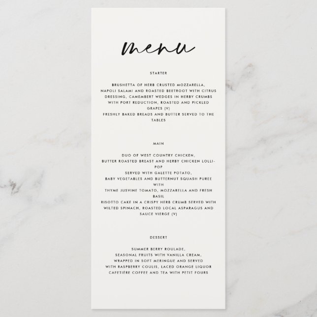 Menu noir et blanc simple élégant script mariage hommes (Devant)