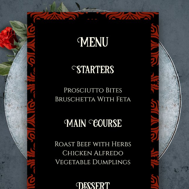 Menu Noir et rouge Floral Gothique foncé Élégant mariag (Black and Red Floral Gothic Dark Elegant Wedding Menu)