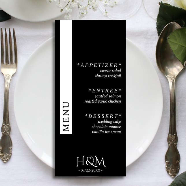 Menu Noir Simple Stripe Dîner Réception De Mariage (black and white wedding menu)