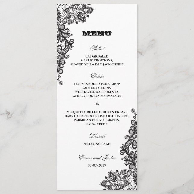 Menu Noir Vintage dentelle Élégant mariage (Devant)