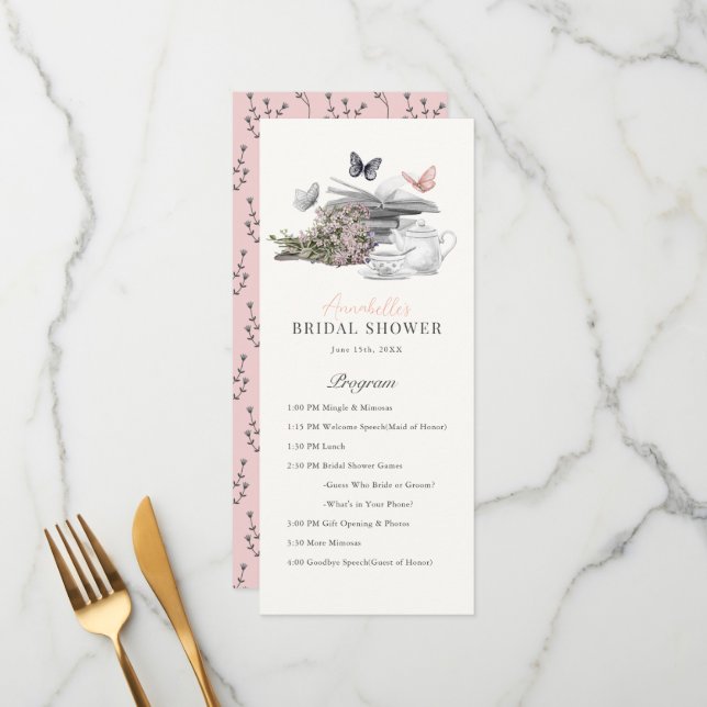 Menu Nouveau chapitre Tea Book Pink Fête des mariées Pr (Devant/Arrière en situation)