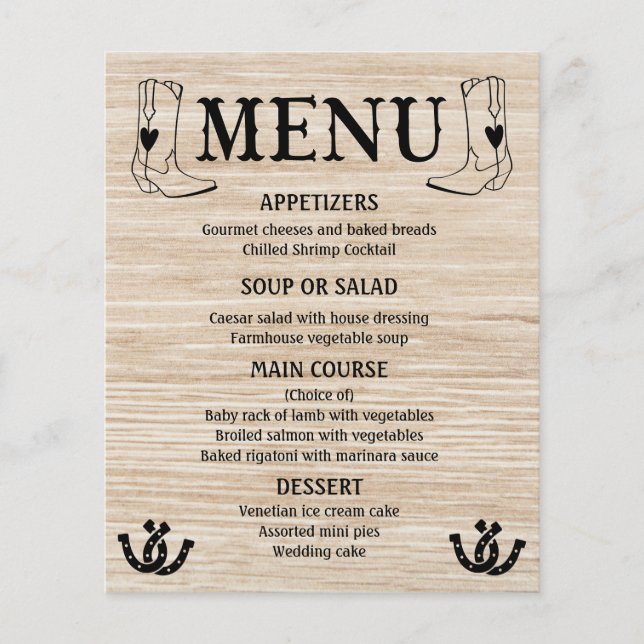 Menu Occidental Mariage campagnard Cowboy Boots Bo (Devant)