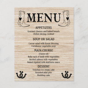 Menu Occidental Mariage campagnard Cowboy Boots Bo