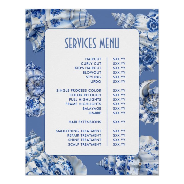 Menü Ocean Blue Seashells Services Poster (Vorderseite)